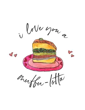 Watercolor sandwich card: I love you a muffa-lotta.