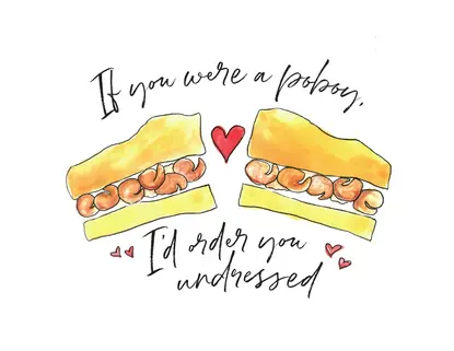Watercolor shrimp po-boy card: If you were a poboy, I'd order you undressed.